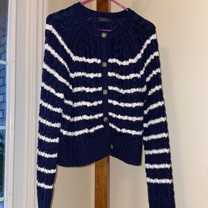 Vineyard Vines Navy and White Stripe Cotton Cableknit Crewneck Cardigan L NWOT